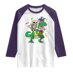 Mardi Gras Funny Skeleton On Dinosaur Jester Beads Raglan Shirt TS09 White Purple Print Your Wear