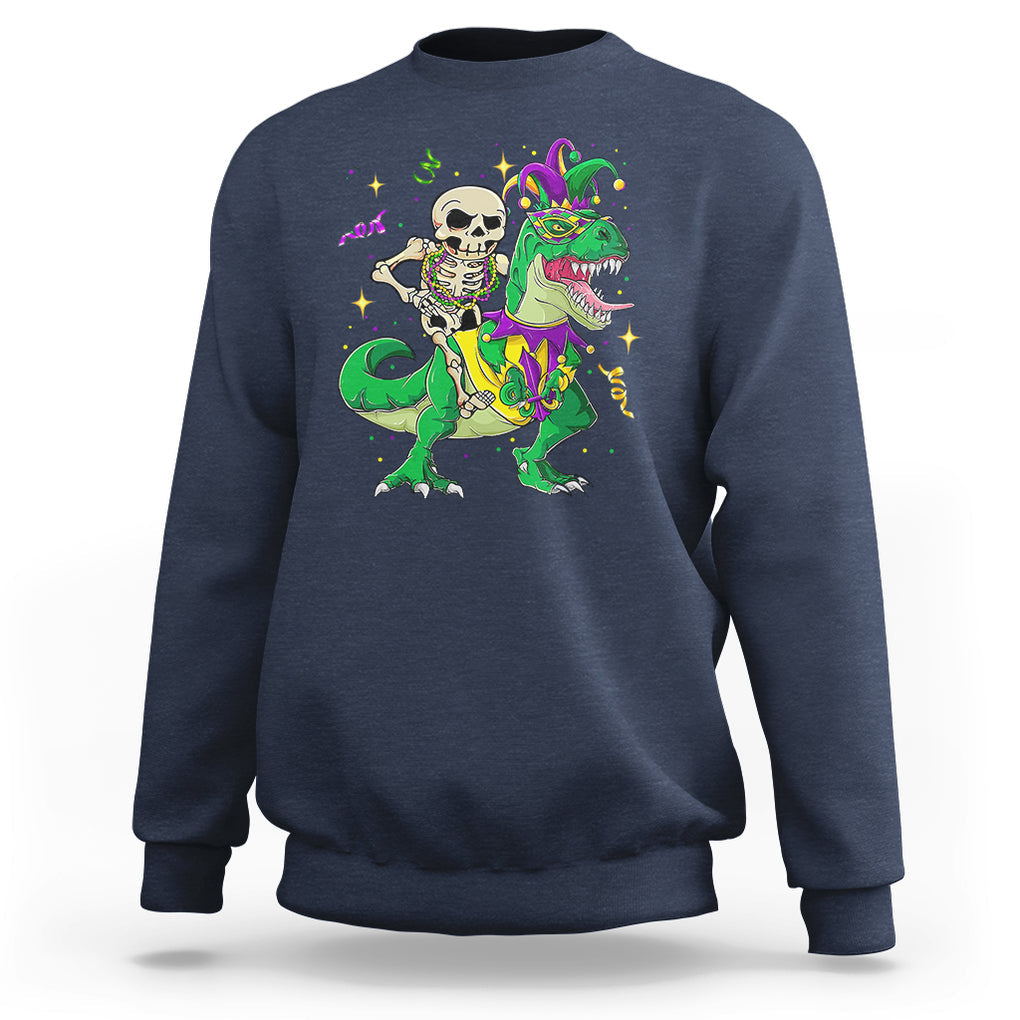 Mardi Gras Funny Skeleton On Dinosaur Jester Beads Sweatshirt TS09 Navy Printyourwear
