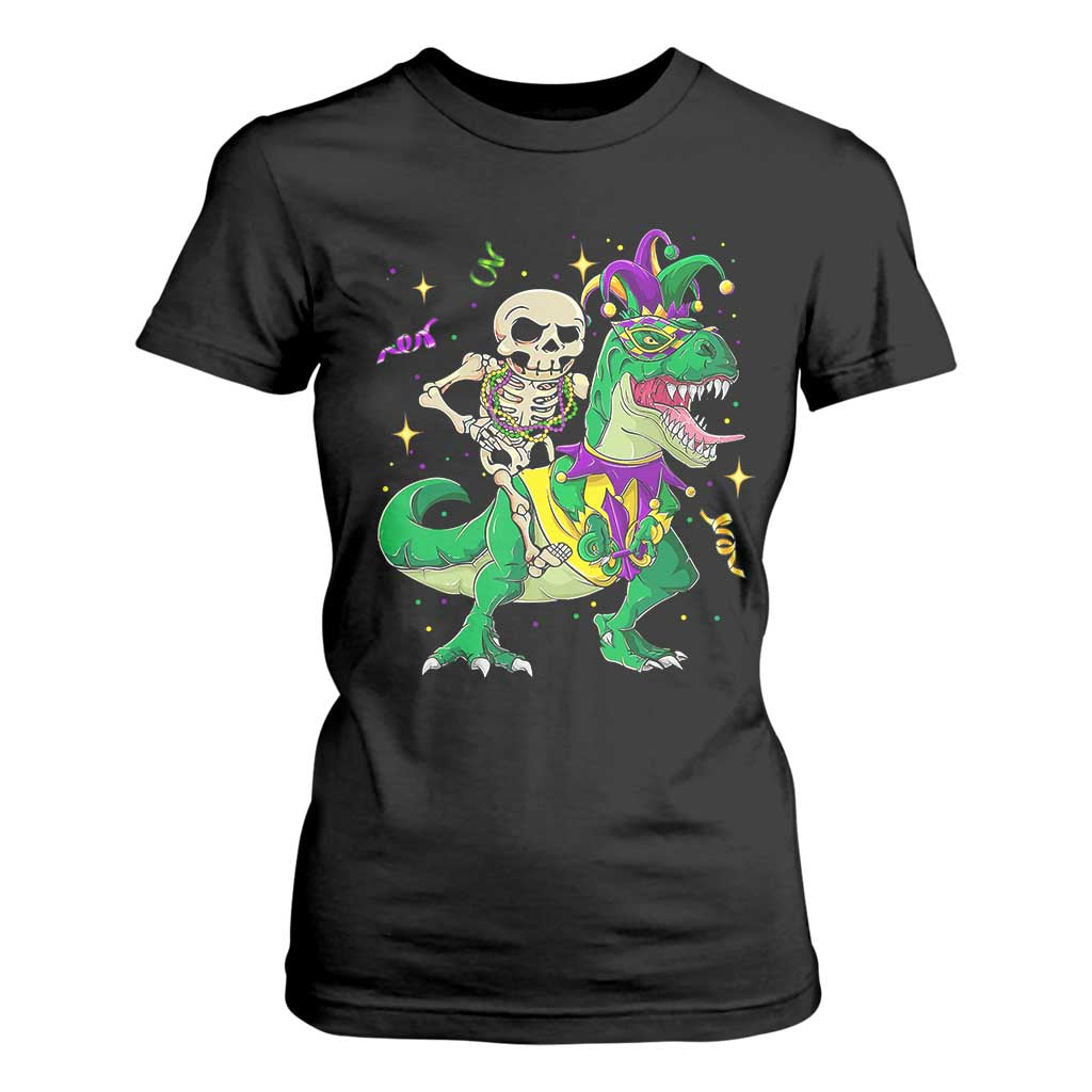 Mardi Gras Funny Skeleton On Dinosaur Jester Beads T Shirt For Women TS09 Black Print Your Wear