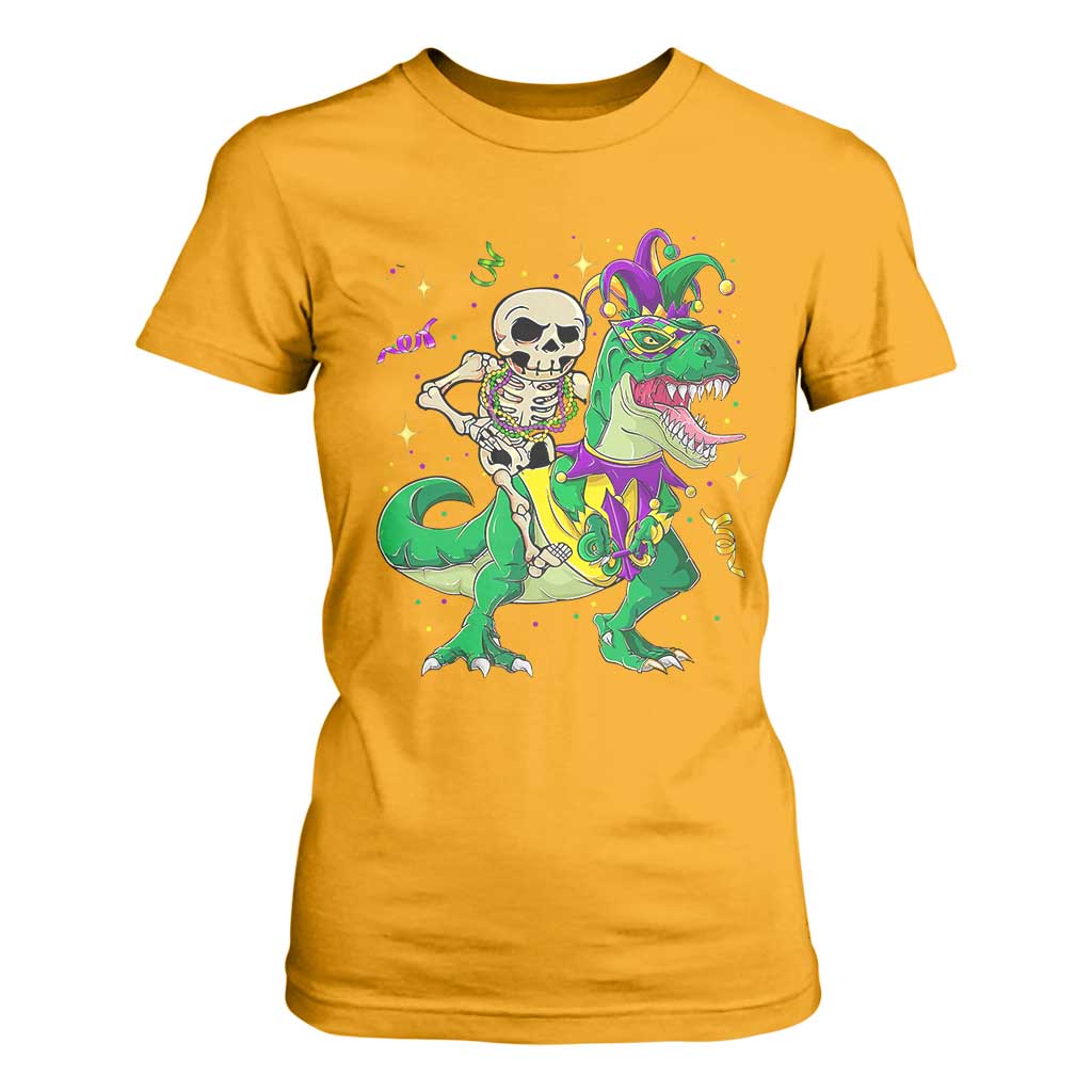 Mardi Gras Funny Skeleton On Dinosaur Jester Beads T Shirt For Women TS09 Gold Print Your Wear