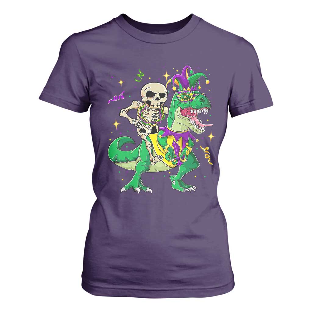 Mardi Gras Funny Skeleton On Dinosaur Jester Beads T Shirt For Women TS09 Purple Print Your Wear