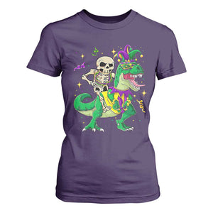Mardi Gras Funny Skeleton On Dinosaur Jester Beads T Shirt For Women TS09 Purple Print Your Wear