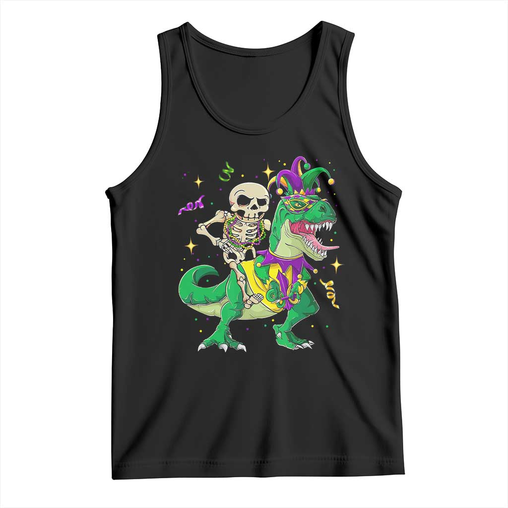 Mardi Gras Funny Skeleton On Dinosaur Jester Beads Tank Top TS09 Black Print Your Wear