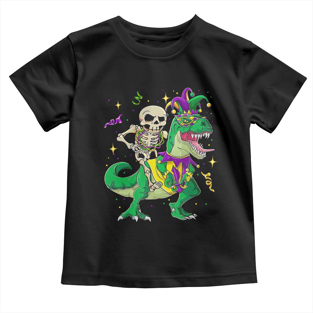 Mardi Gras Funny Skeleton On Dinosaur Jester Beads Toddler T Shirt TS09 Black Print Your Wear
