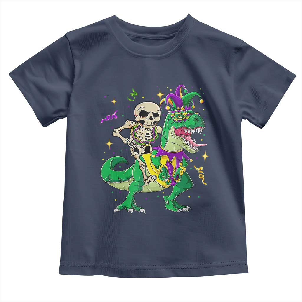 Mardi Gras Funny Skeleton On Dinosaur Jester Beads Toddler T Shirt TS09 Navy Print Your Wear