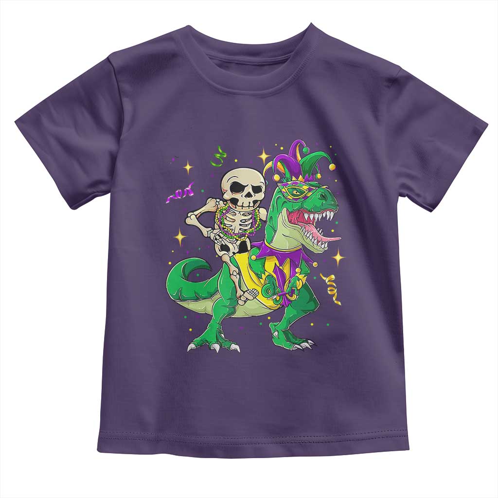 Mardi Gras Funny Skeleton On Dinosaur Jester Beads Toddler T Shirt TS09 Purple Print Your Wear