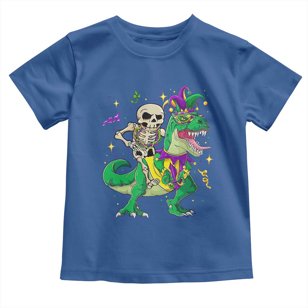 Mardi Gras Funny Skeleton On Dinosaur Jester Beads Toddler T Shirt TS09 Royal Blue Print Your Wear