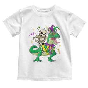 Mardi Gras Funny Skeleton On Dinosaur Jester Beads Toddler T Shirt TS09 White Print Your Wear