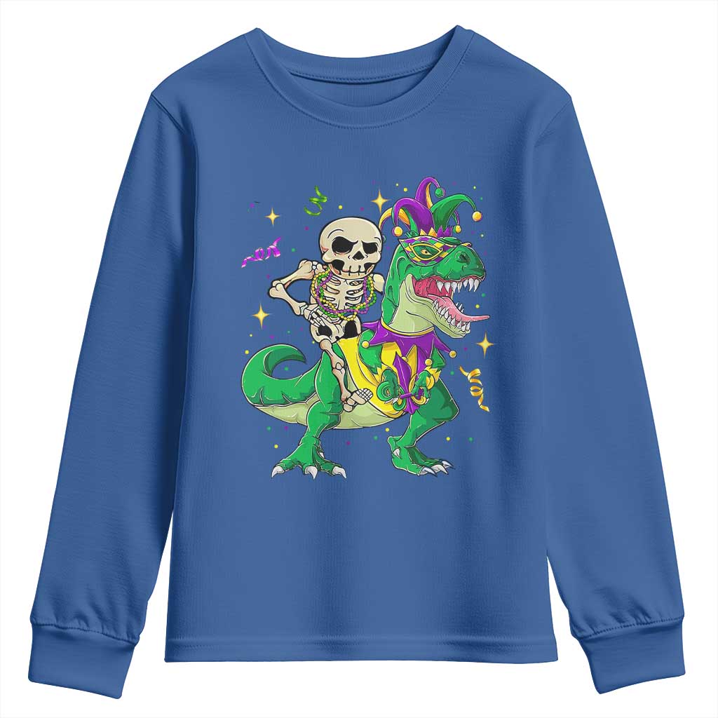 Mardi Gras Funny Skeleton On Dinosaur Jester Beads Youth Sweatshirt TS09 Royal Blue Print Your Wear
