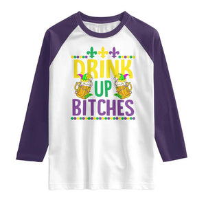 Mardi Gras Raglan Shirt Drink Up Bitch Funny Drinking Team TS09 White Purple Print Your Wear
