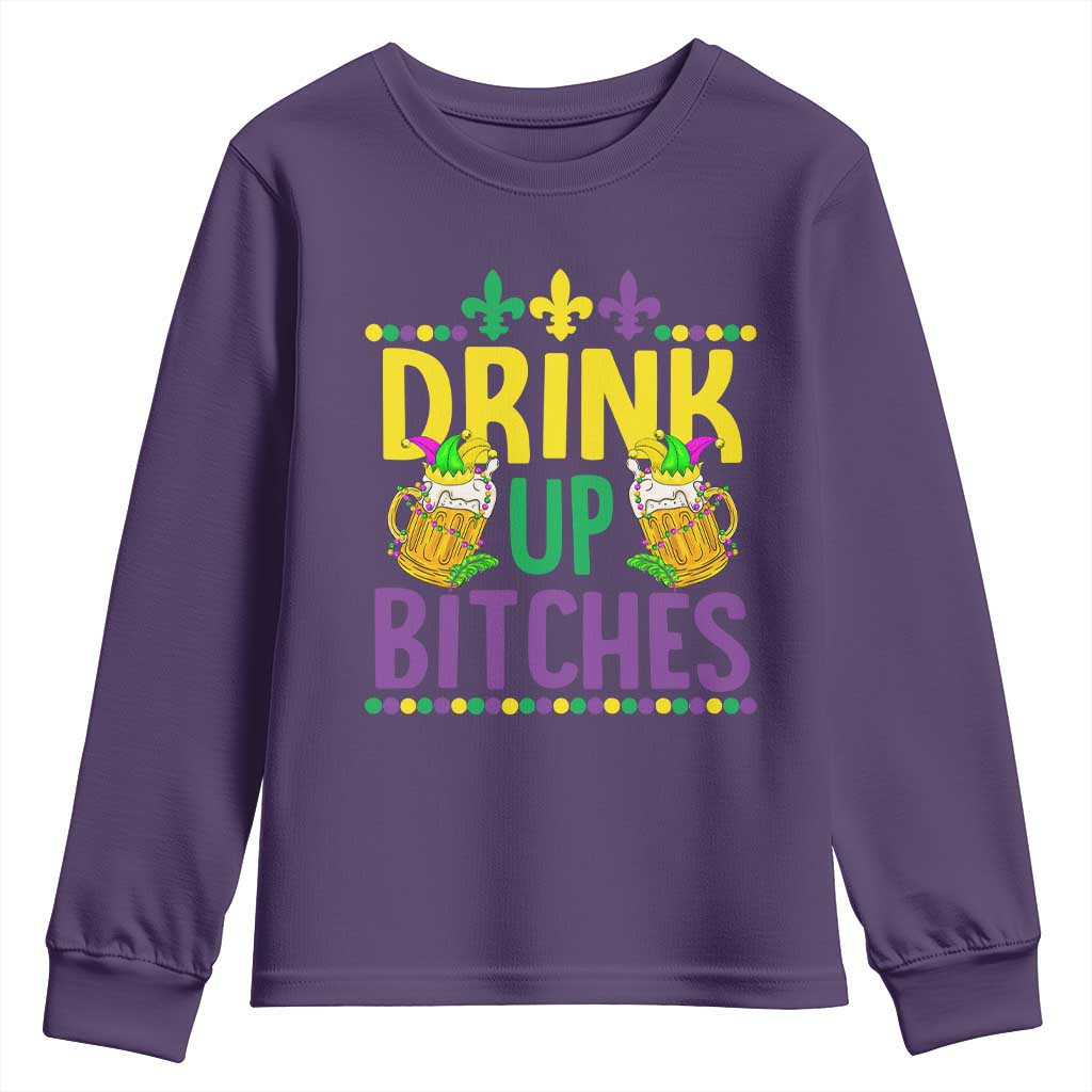 Mardi Gras Youth Sweatshirt Drink Up Bitch Funny Drinking Team TS09 Purple Print Your Wear