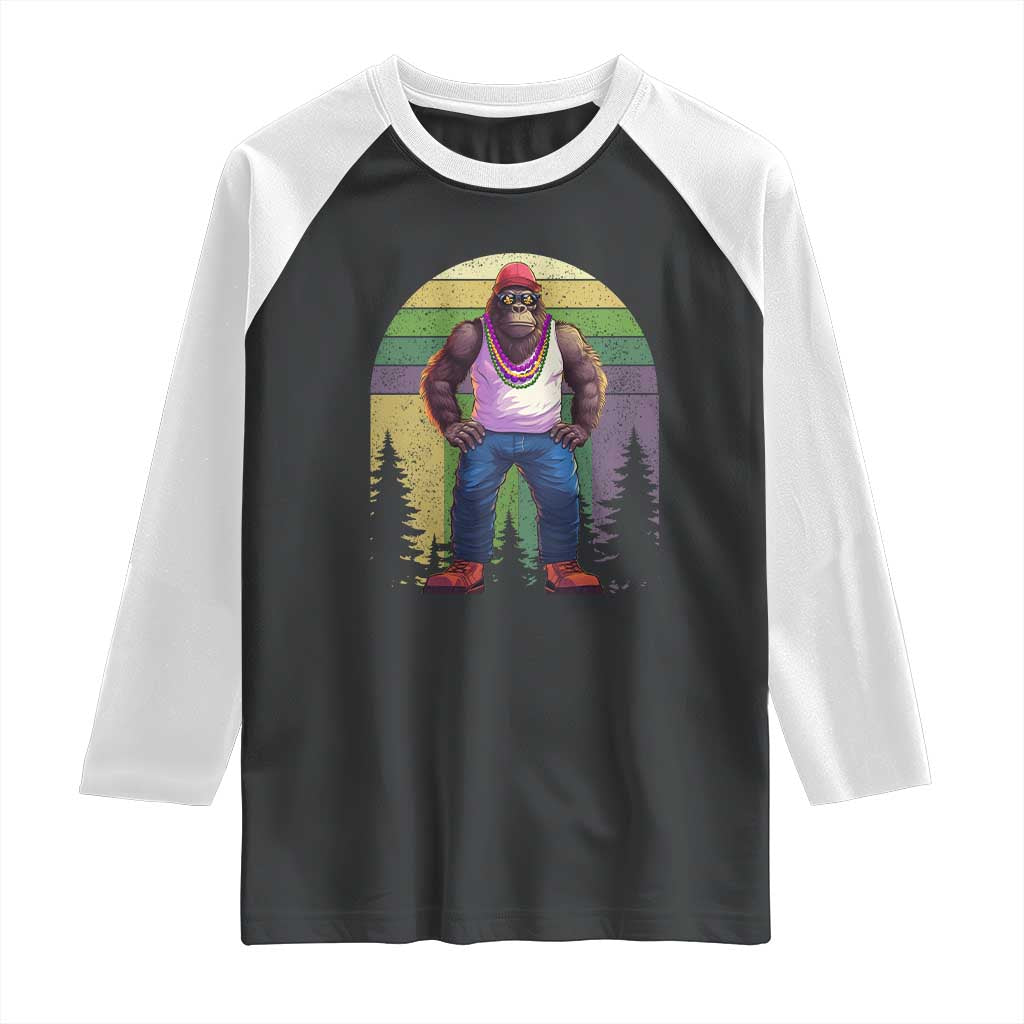 Funny Mardi Gras Bigfoot Sasquatch Funny Fat Tuesday Parade Raglan Shirt TS09 Black White Print Your Wear
