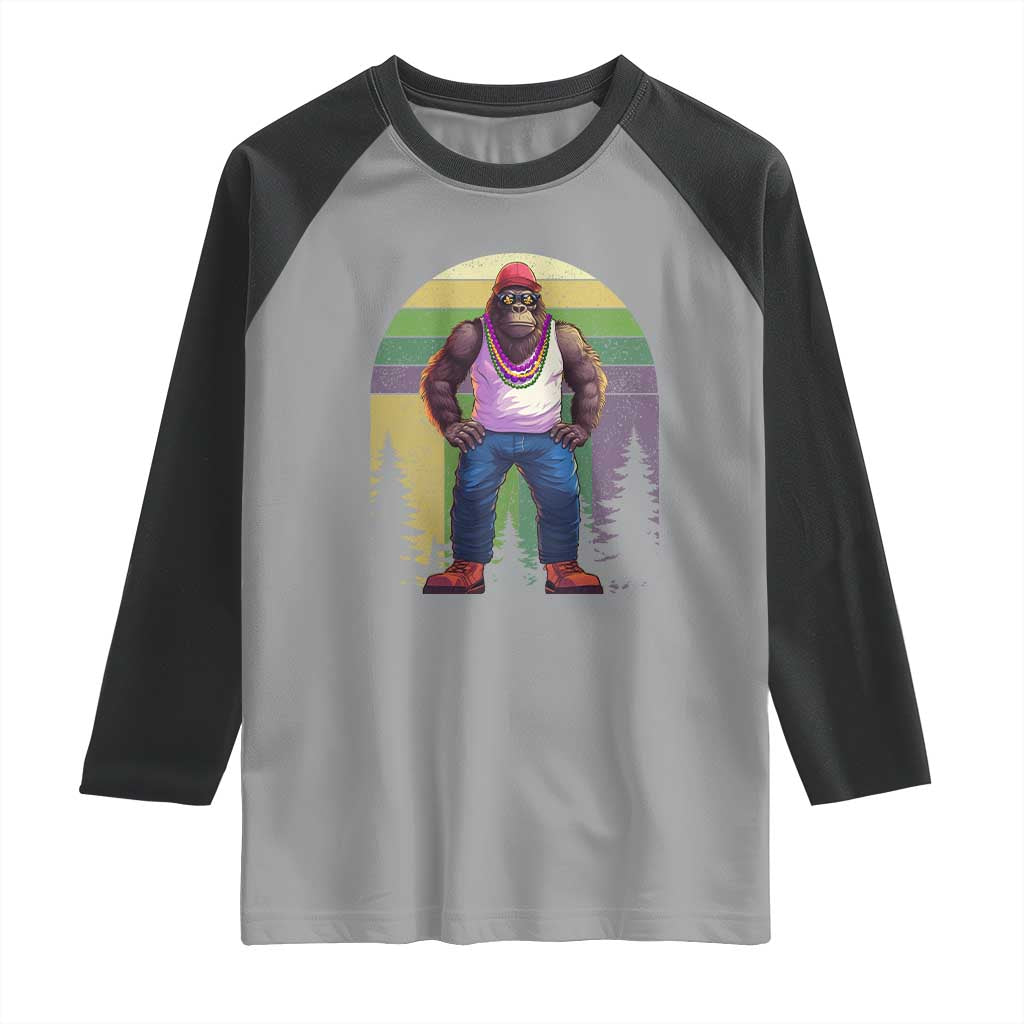 Funny Mardi Gras Bigfoot Sasquatch Funny Fat Tuesday Parade Raglan Shirt TS09 Sport Gray Black Print Your Wear