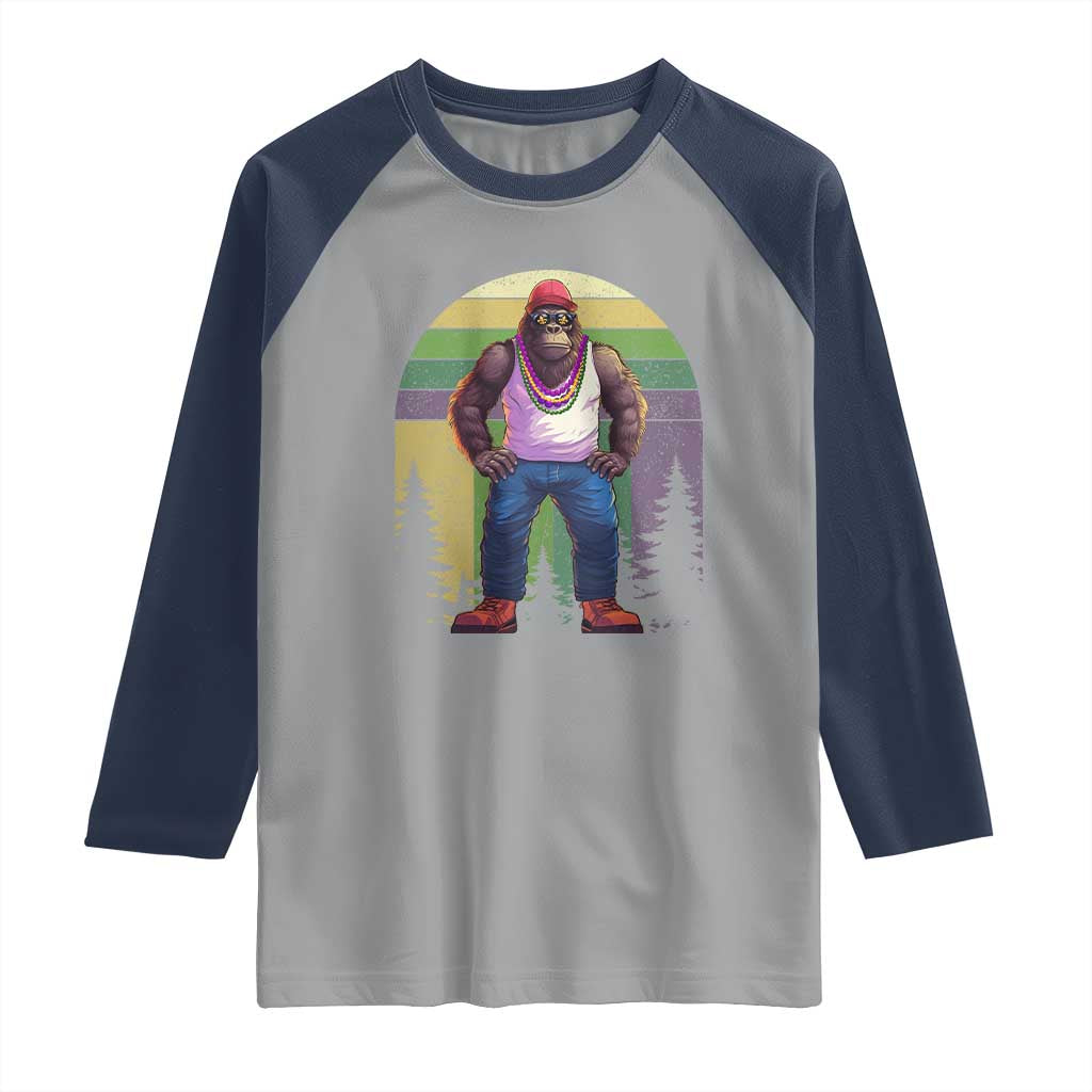 Funny Mardi Gras Bigfoot Sasquatch Funny Fat Tuesday Parade Raglan Shirt TS09 Sport Gray Navy Print Your Wear