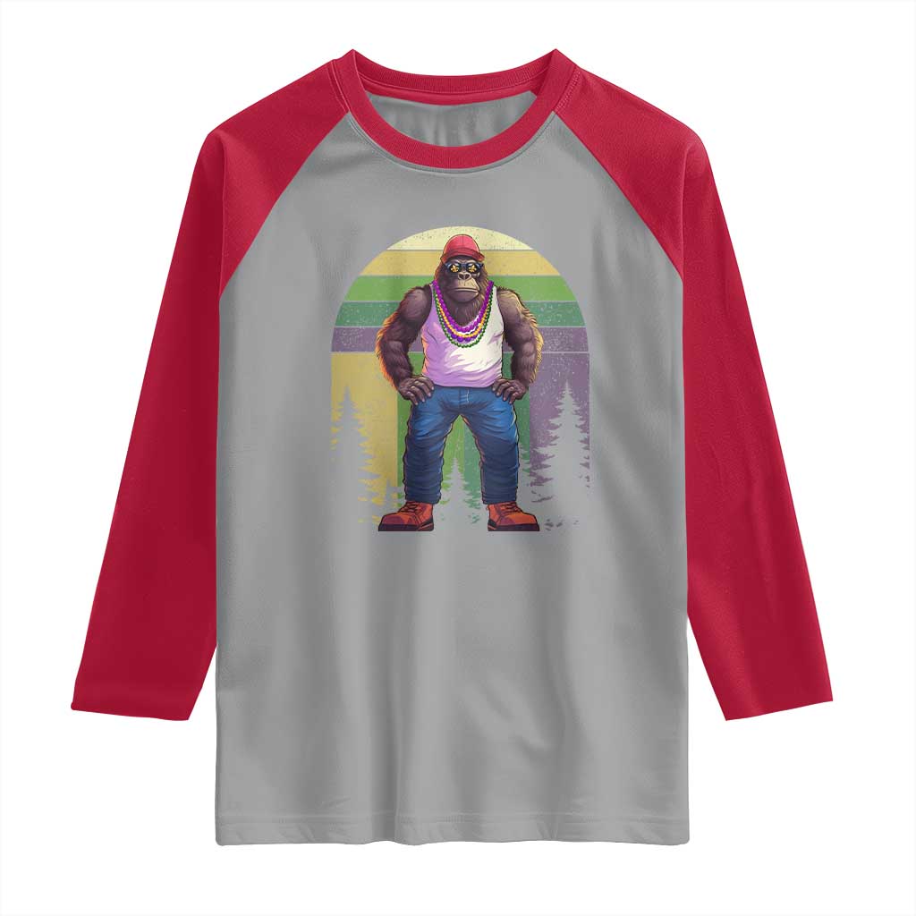 Funny Mardi Gras Bigfoot Sasquatch Funny Fat Tuesday Parade Raglan Shirt TS09 Sport Gray Red Print Your Wear