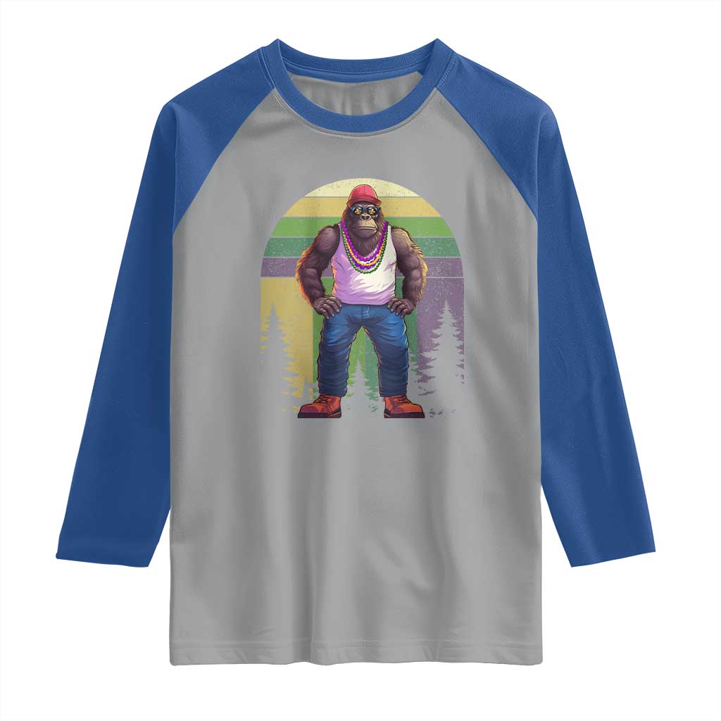 Funny Mardi Gras Bigfoot Sasquatch Funny Fat Tuesday Parade Raglan Shirt TS09 Sport Gray Royal Print Your Wear