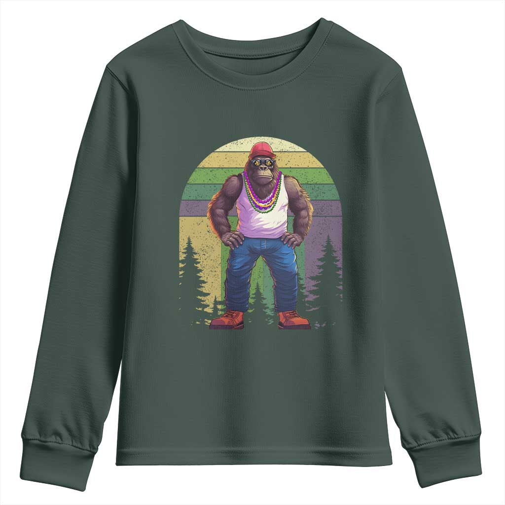 Funny Mardi Gras Bigfoot Sasquatch Funny Fat Tuesday Parade Youth Sweatshirt TS09 Dark Forest Green Print Your Wear