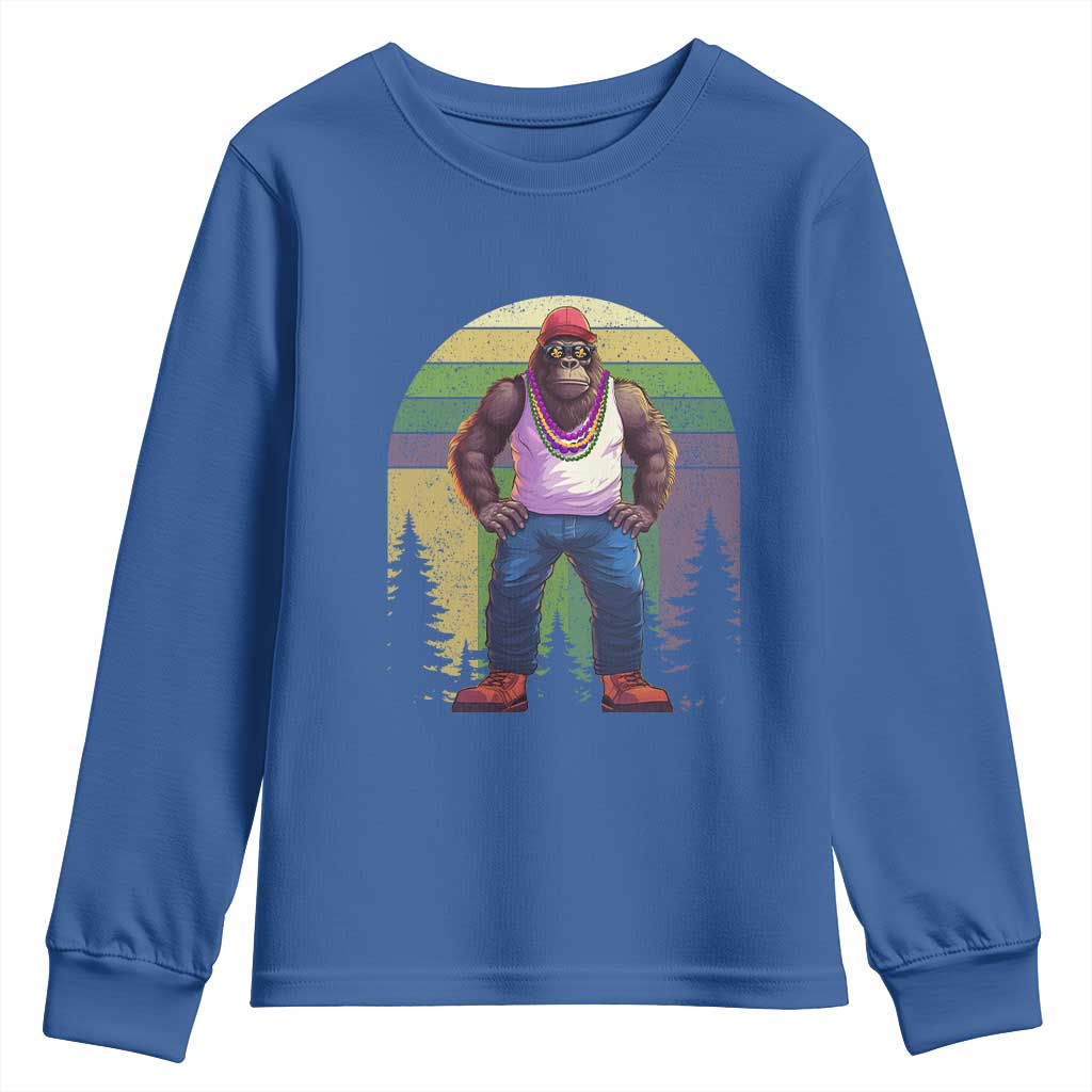 Funny Mardi Gras Bigfoot Sasquatch Funny Fat Tuesday Parade Youth Sweatshirt TS09 Royal Blue Print Your Wear