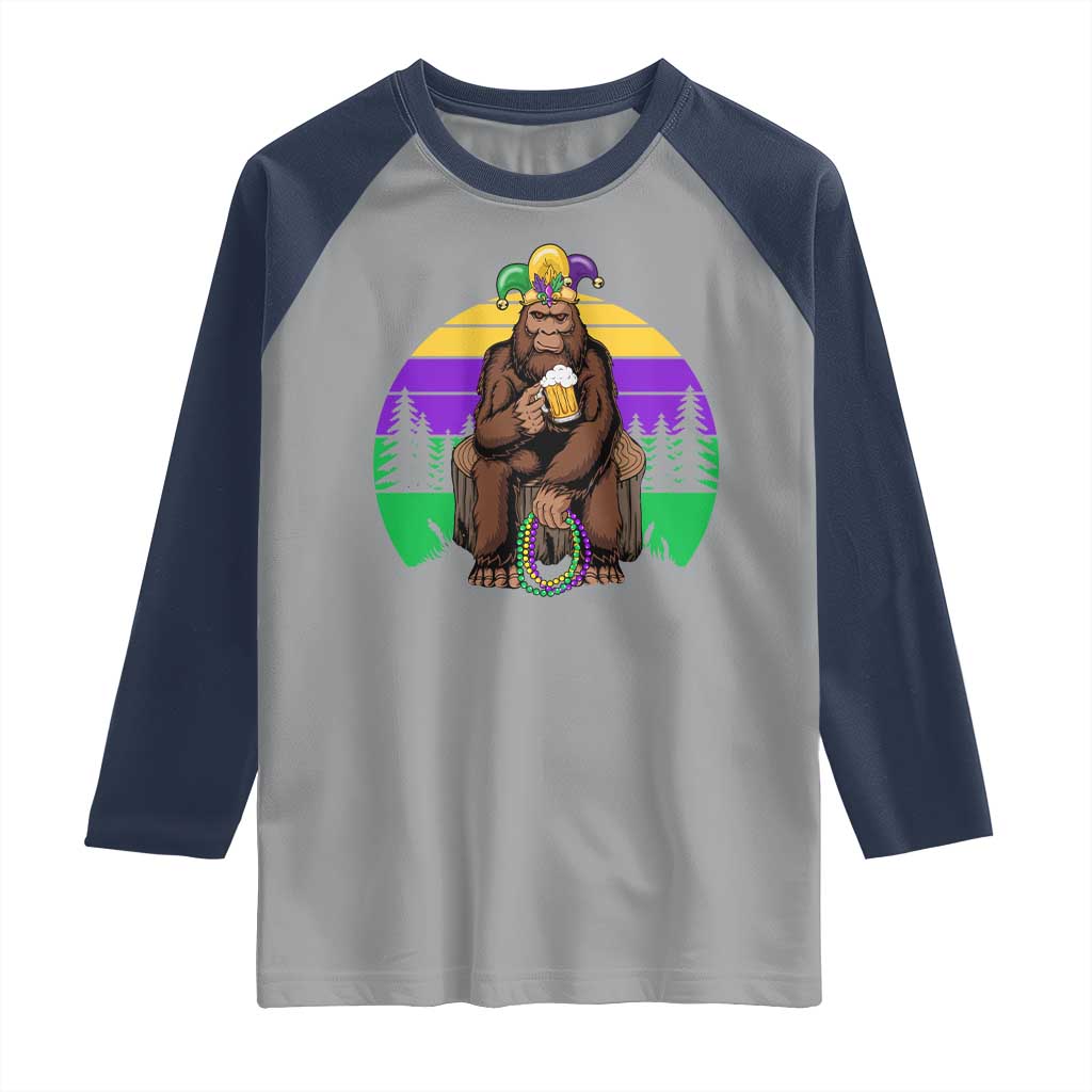 Mardi Gras Bigfoot Sasquatch Funny Beer Lover Raglan Shirt TS09 Sport Gray Navy Print Your Wear