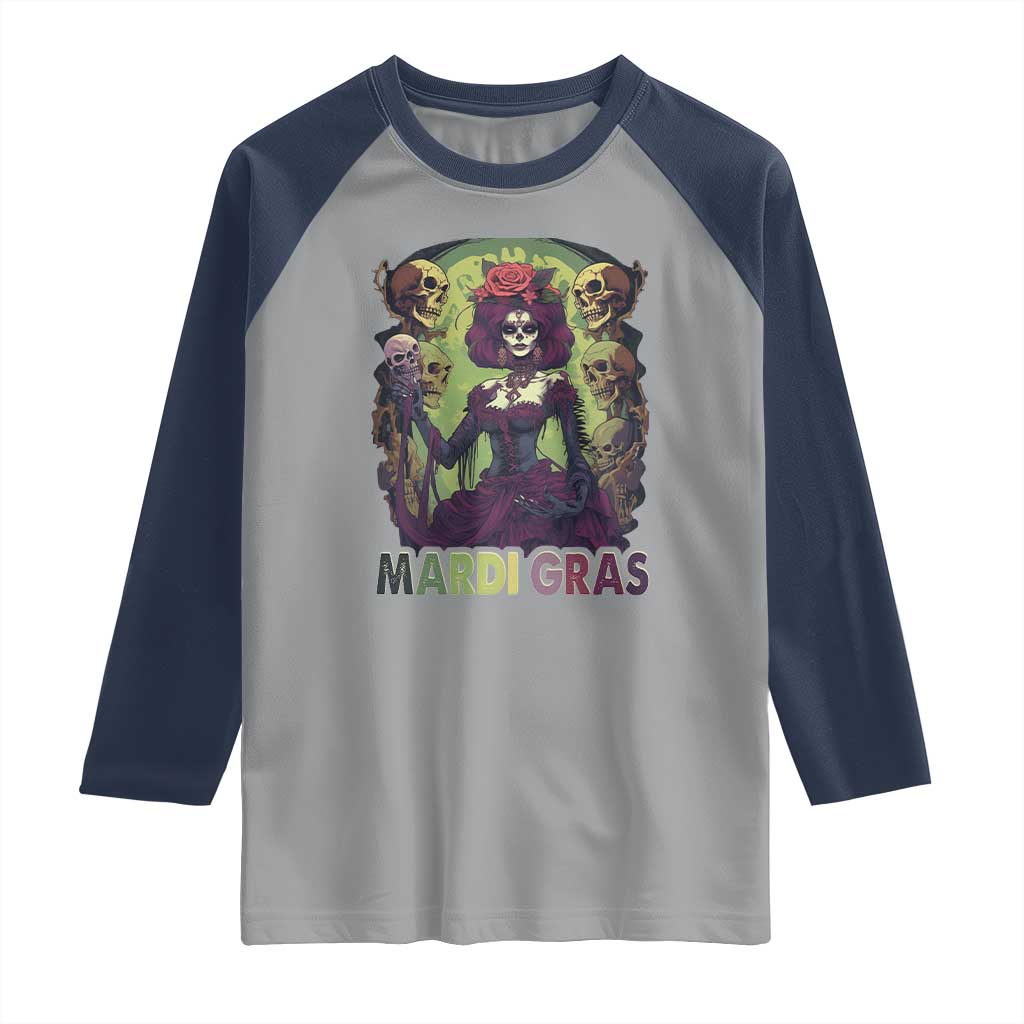 Mardi Gras Raglan Shirt Voodoo Queen Skeleton Witch Creepy Skull TS09 Sport Gray Navy Print Your Wear