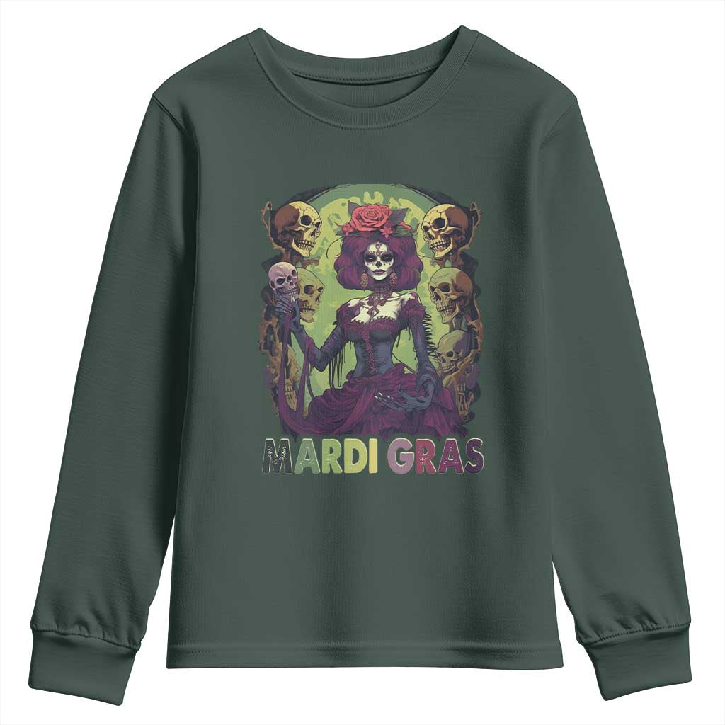 Mardi Gras Youth Sweatshirt Voodoo Queen Skeleton Witch Creepy Skull TS09 Dark Forest Green Print Your Wear