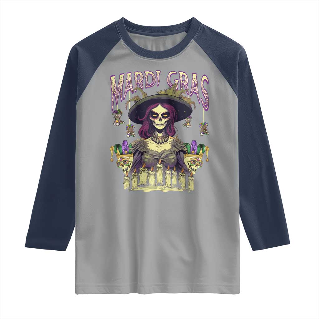 Mardi Gras Raglan Shirt Voodoo Queen Creepy Doll TS09 Sport Gray Navy Print Your Wear