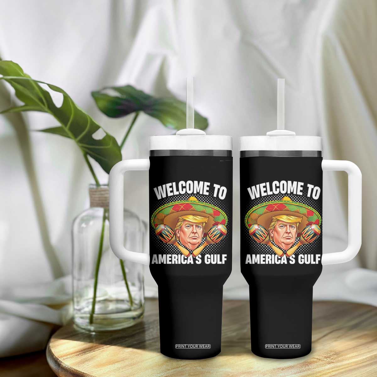 Welcome To America's Gulf Tumbler With Handle Funny Trump Sombrero Mexico TS09 Print Your Wear