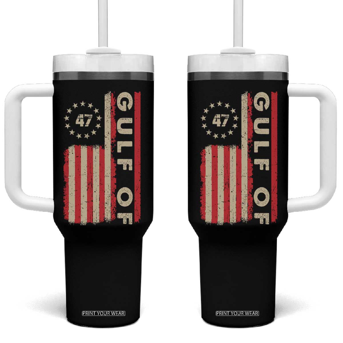 Gulf Of America Tumbler With Handle American Flag Trump 47 2025 TS09 One Size: 40 oz Black Print Your Wear