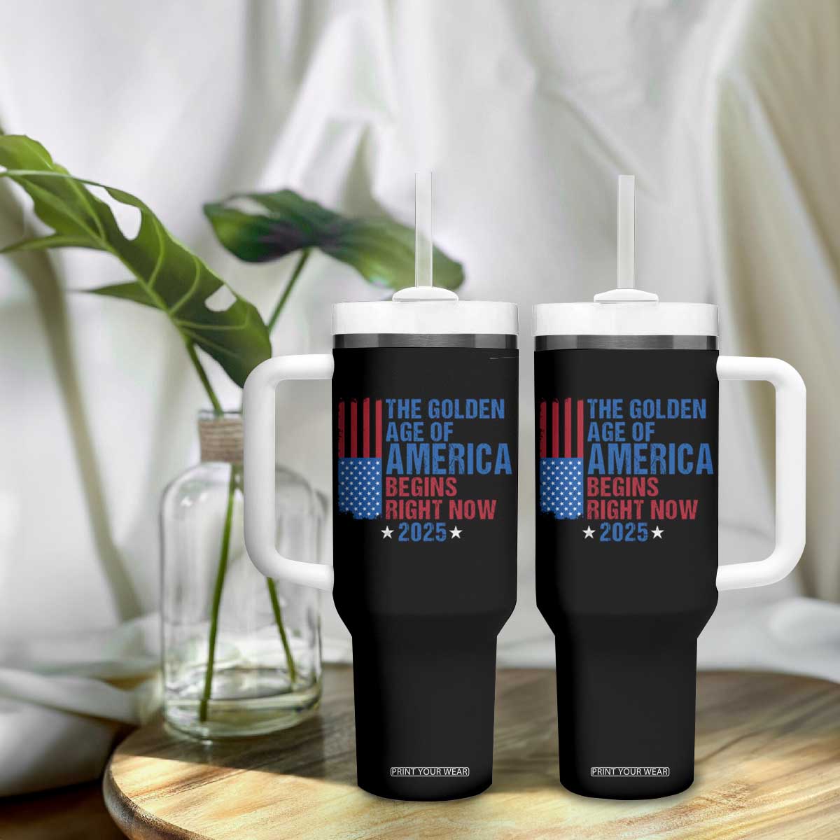 Trump 2025 Tumbler With Handle The Golden Age Of America Begins Right Now TS09 Print Your Wear