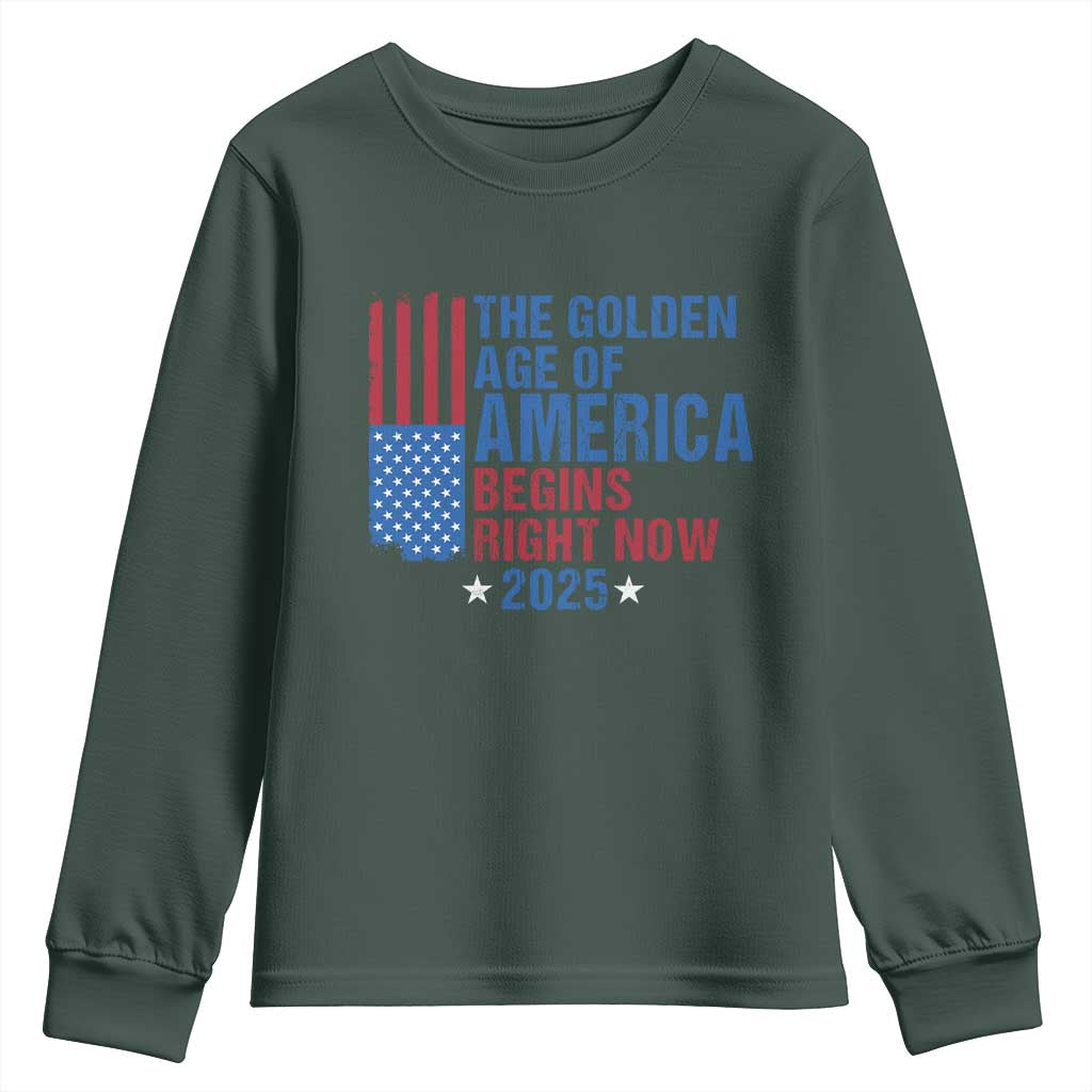 Trump 2025 Youth Sweatshirt The Golden Age Of America Begins Right Now TS09 Dark Forest Green Print Your Wear