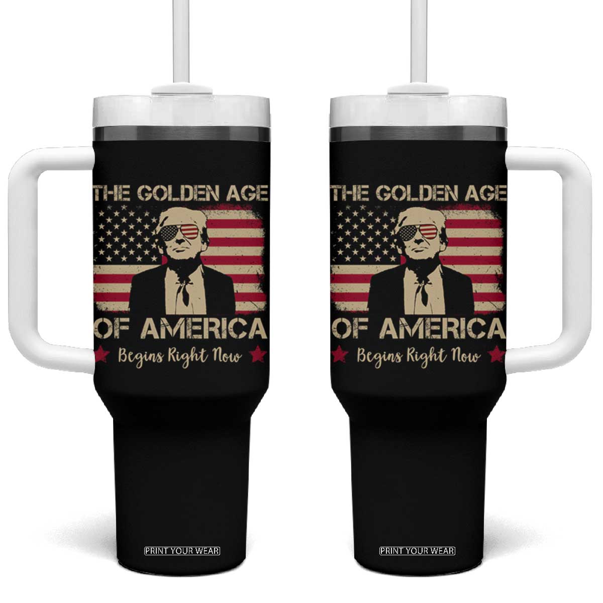Trump 47 Tumbler With Handle The Golden Age Of America Begins Right Now 2025 TS09 One Size: 40 oz Black Print Your Wear