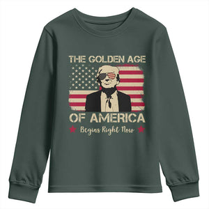 Trump 47 Youth Sweatshirt The Golden Age Of America Begins Right Now 2025 TS09 Dark Forest Green Print Your Wear