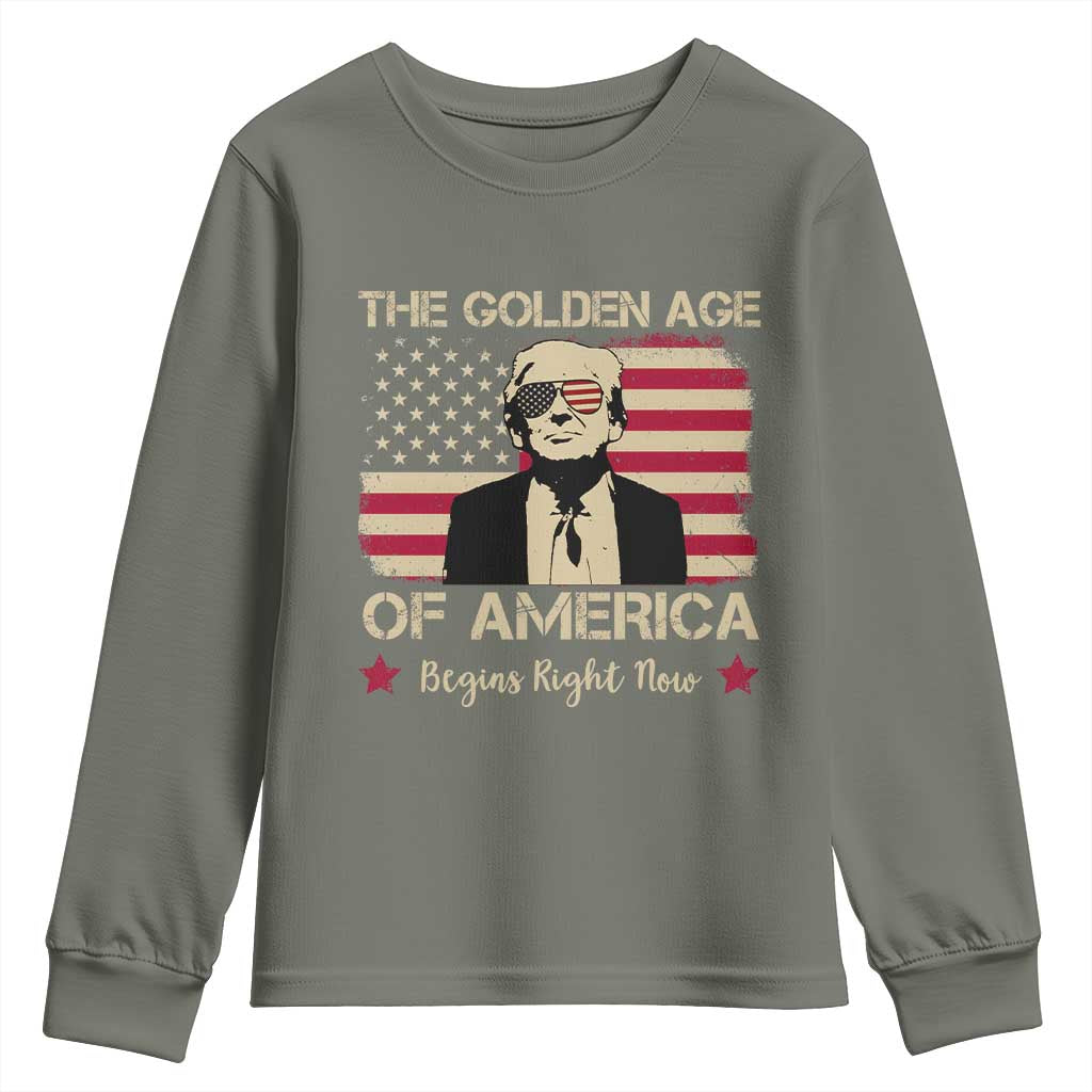 Trump 47 Youth Sweatshirt The Golden Age Of America Begins Right Now 2025 TS09 Military Green Print Your Wear