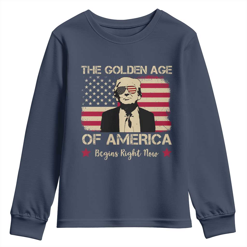 Trump 47 Youth Sweatshirt The Golden Age Of America Begins Right Now 2025 TS09 Navy Print Your Wear