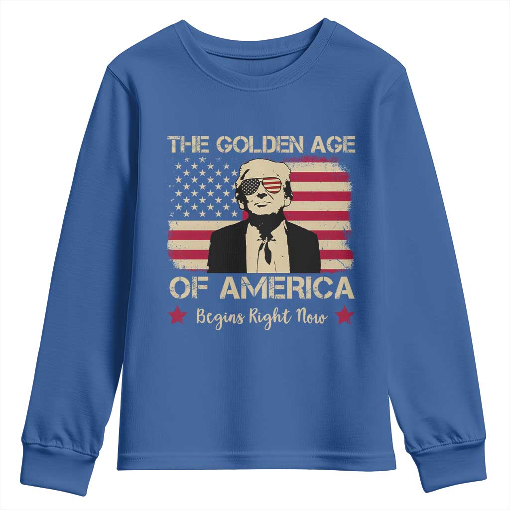 Trump 47 Youth Sweatshirt The Golden Age Of America Begins Right Now 2025 TS09 Royal Blue Print Your Wear