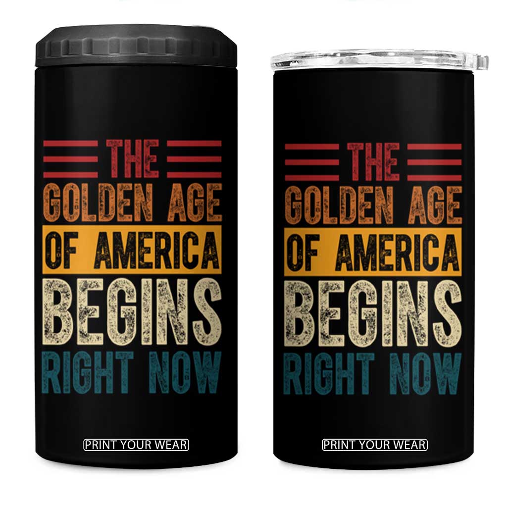 The Golden Age Of America Begins Right Now Trump 2025 4 in 1 Can Cooler Tumbler TS09 One Size: 16 oz Black Print Your Wear