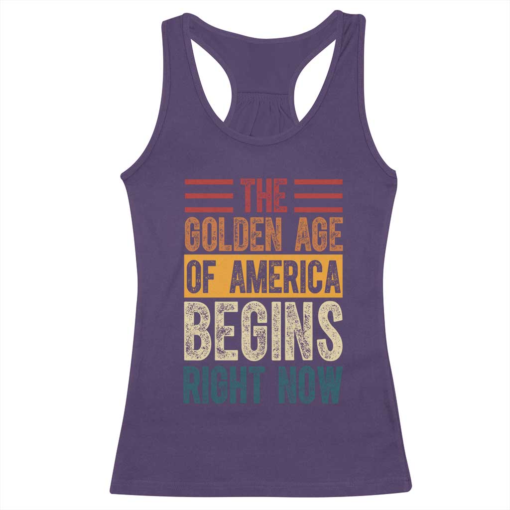 The Golden Age Of America Begins Right Now Trump 2025 Racerback Tank Top TS09 Purple Print Your Wear