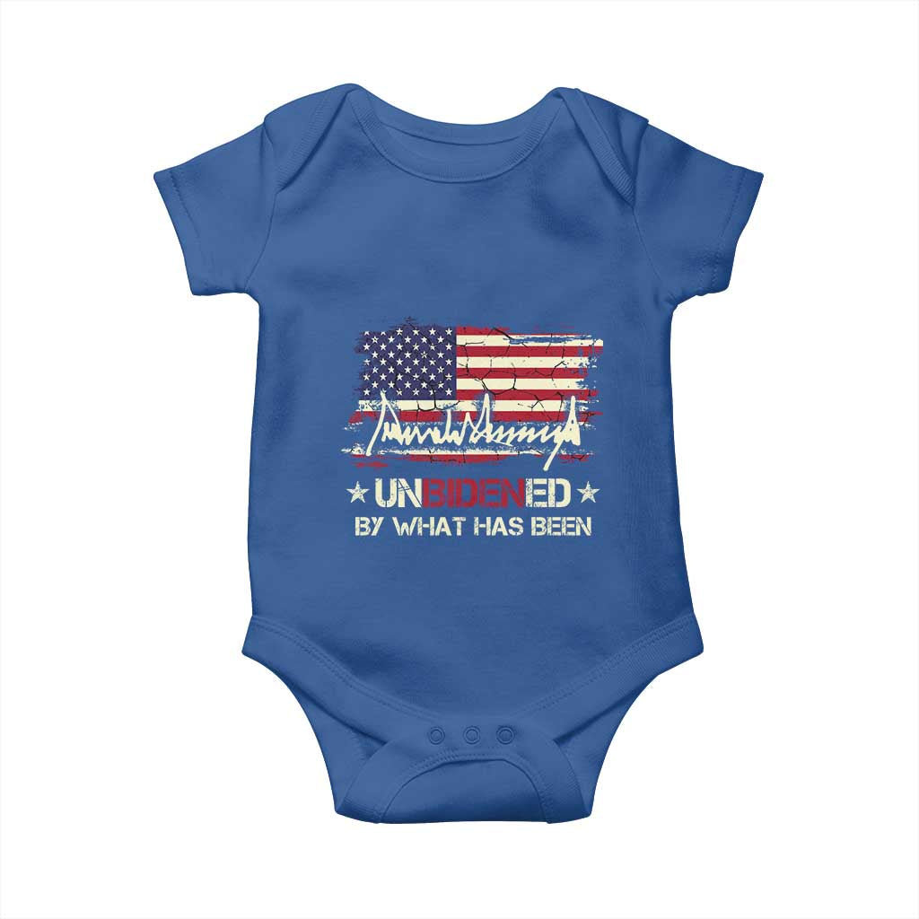 Trump 2025 Baby Onesie Pun Unbidened By What Has Been American Flag TS09 Royal Blue Print Your Wear