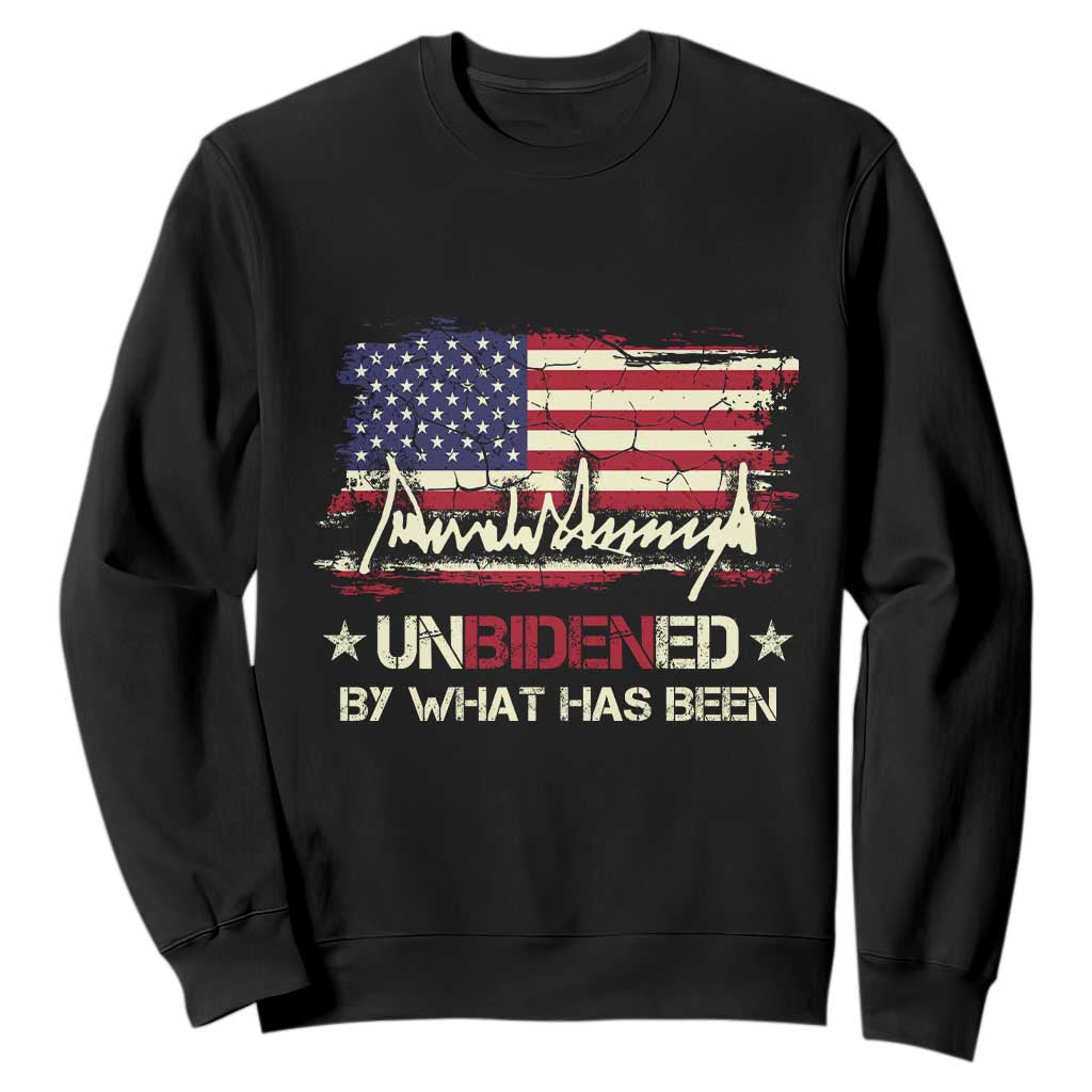Trump 2025 Sweatshirt Pun Unbidened By What Has Been American Flag TS09 Black Print Your Wear
