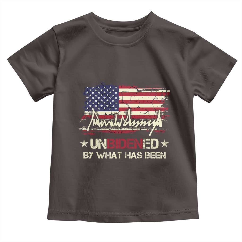 Trump 2025 Toddler T Shirt Pun Unbidened By What Has Been American Flag TS09 Dark Chocolate Print Your Wear