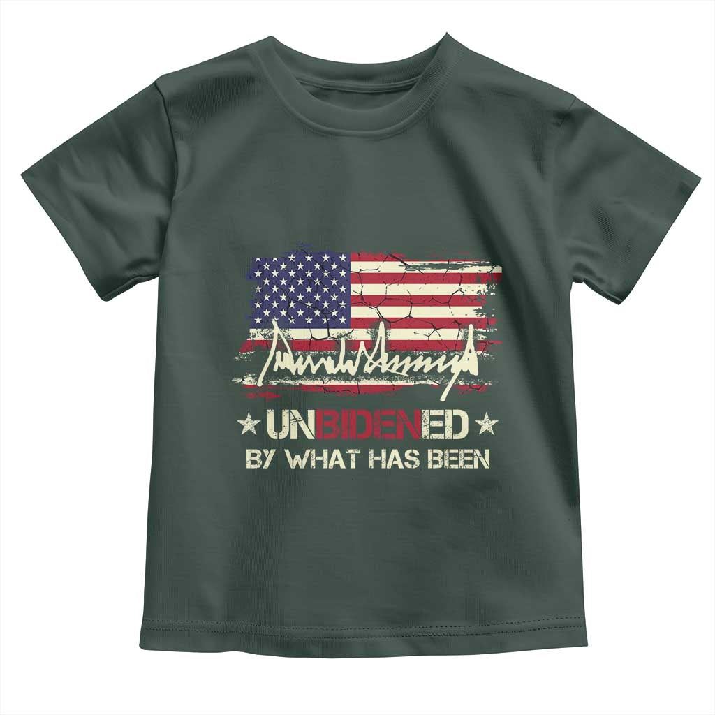 Trump 2025 Toddler T Shirt Pun Unbidened By What Has Been American Flag TS09 Dark Forest Green Print Your Wear