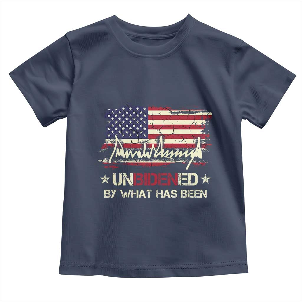 Trump 2025 Toddler T Shirt Pun Unbidened By What Has Been American Flag TS09 Navy Print Your Wear