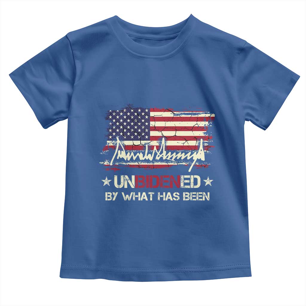 Trump 2025 Toddler T Shirt Pun Unbidened By What Has Been American Flag TS09 Royal Blue Print Your Wear