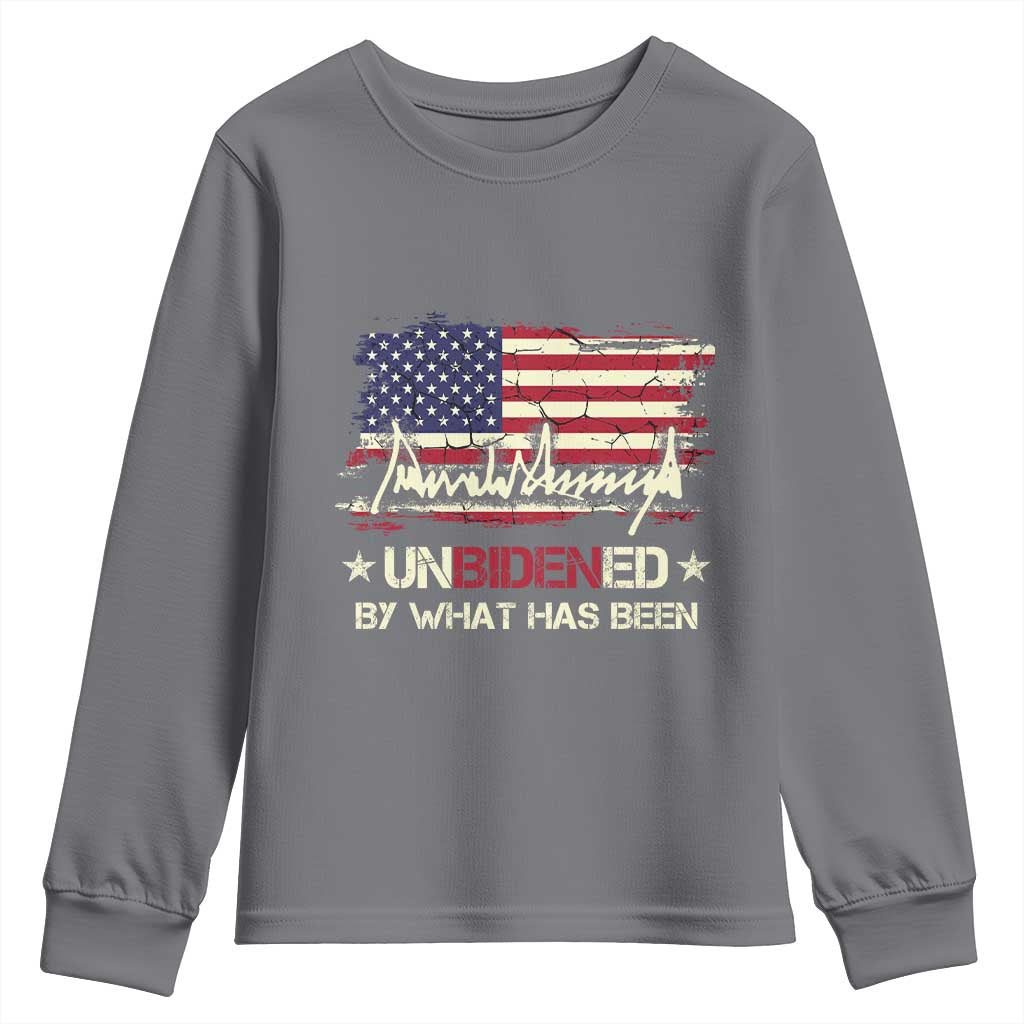 Trump 2025 Youth Sweatshirt Pun Unbidened By What Has Been American Flag TS09 Charcoal Print Your Wear