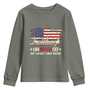 Trump 2025 Youth Sweatshirt Pun Unbidened By What Has Been American Flag TS09 Military Green Print Your Wear