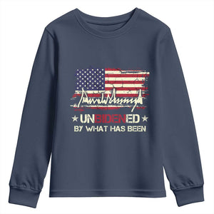 Trump 2025 Youth Sweatshirt Pun Unbidened By What Has Been American Flag TS09 Navy Print Your Wear