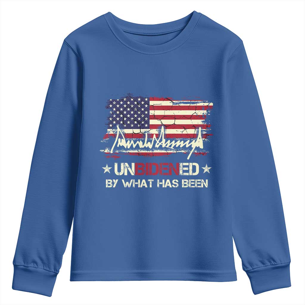 Trump 2025 Youth Sweatshirt Pun Unbidened By What Has Been American Flag TS09 Royal Blue Print Your Wear