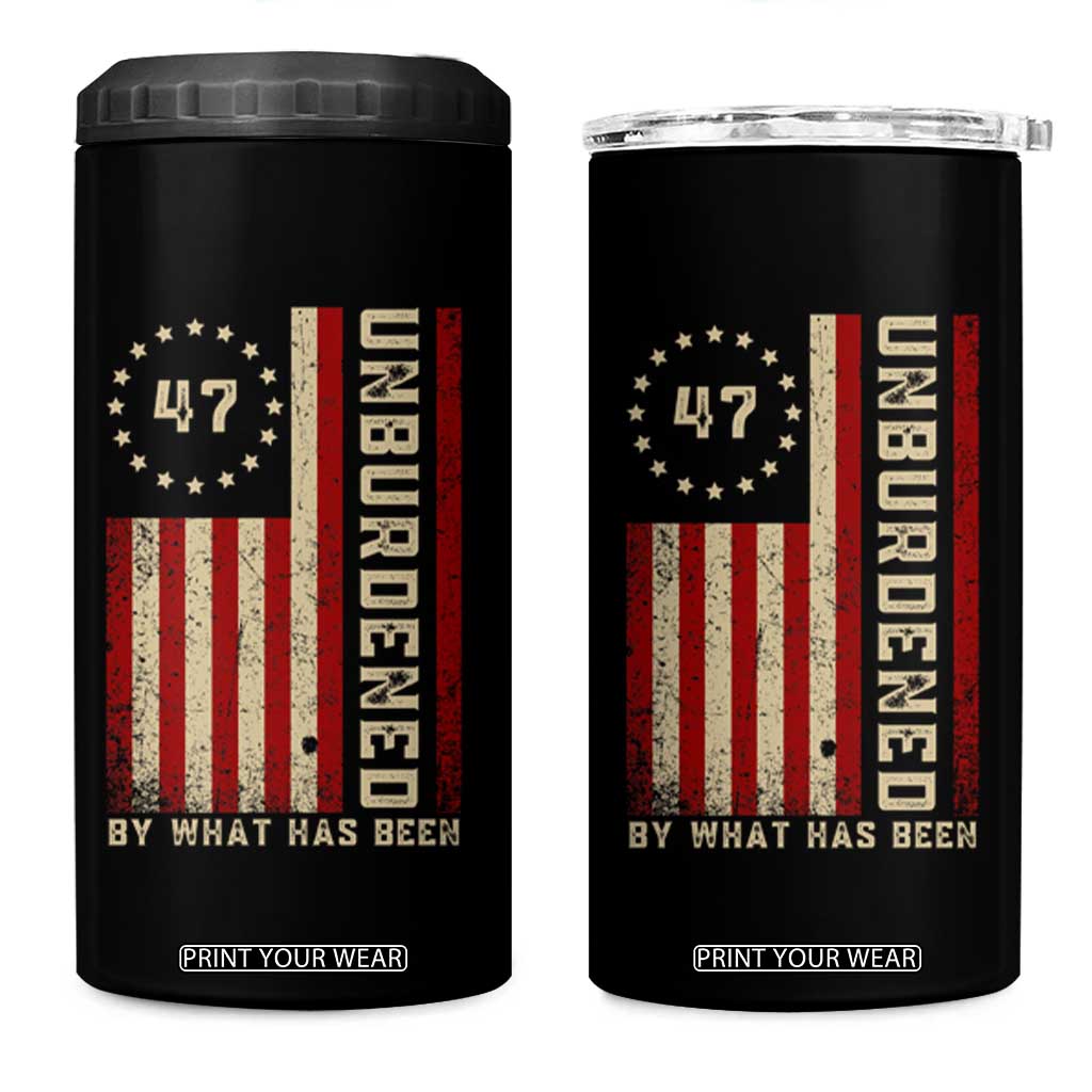 Trump 2025 4 in 1 Can Cooler Tumbler Unburdened By What Has Been American Flag TS09 One Size: 16 oz Black Print Your Wear