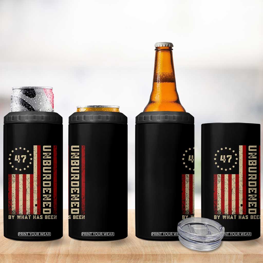 Trump 2025 4 in 1 Can Cooler Tumbler Unburdened By What Has Been American Flag TS09 Print Your Wear