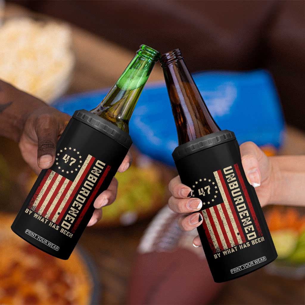 Trump 2025 4 in 1 Can Cooler Tumbler Unburdened By What Has Been American Flag TS09 Print Your Wear